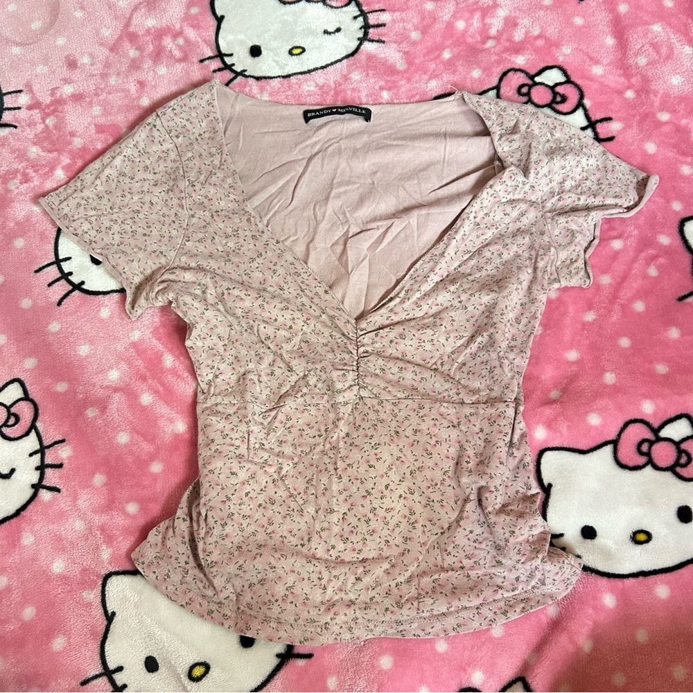 Brandy Melville Light Pink Floral V-Neck Ruched Waist Top